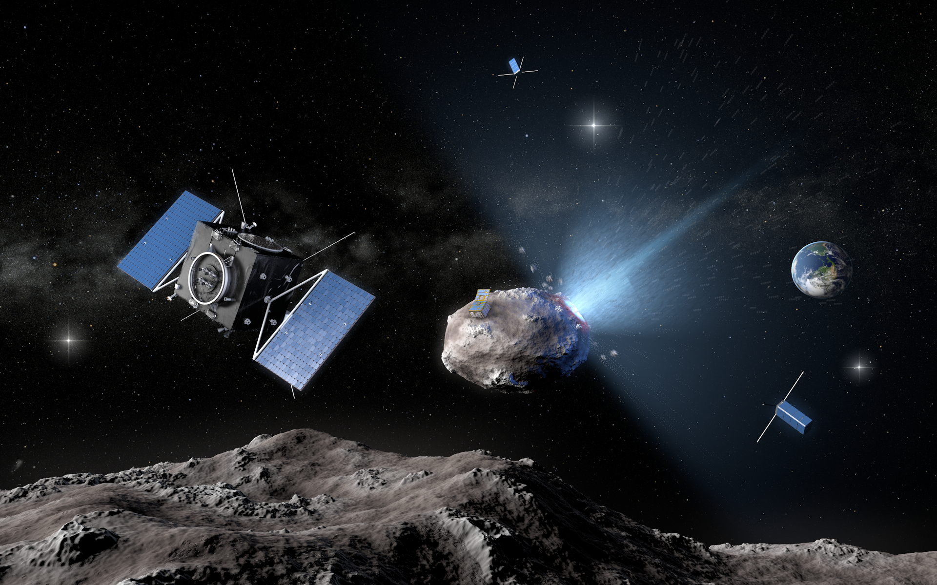 Mission Scenario of an international Asteroid Deflection Mission;  Artist’s impression © OHB System AG